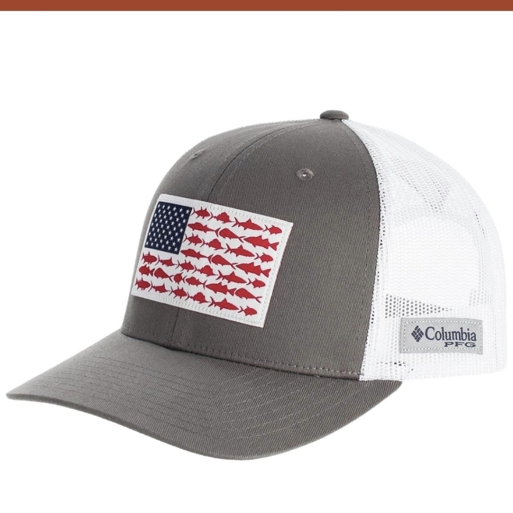 Columbia PFG Gray & White Mesh Ball Cap Hat with Red Trophy Fish Emblem on Front